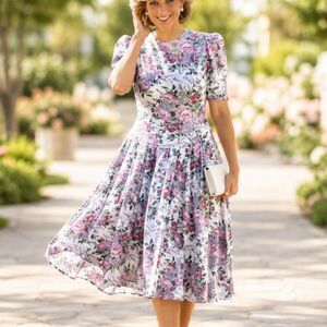 80s Floral Puff Sleeve Basque Drop Waist Midi Vtg Byer Dress California 11 M